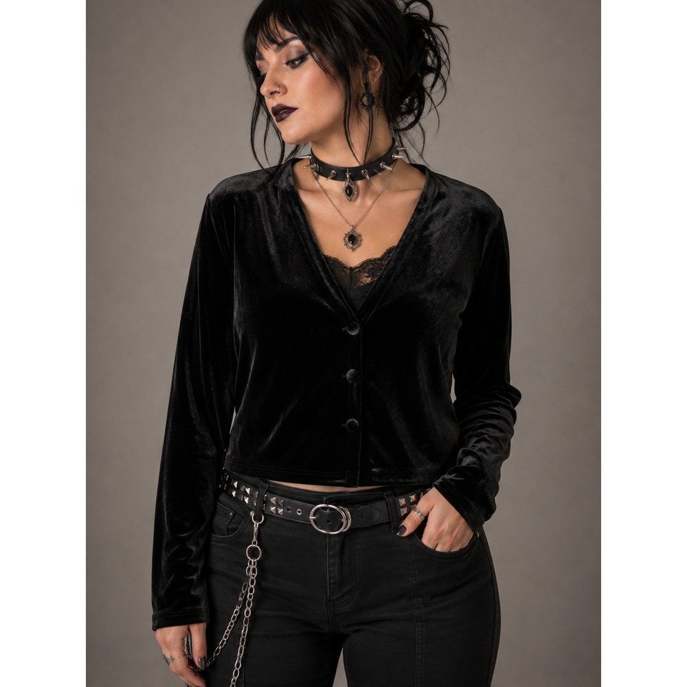 90s Black Velvet Cropped Cardigan Goth Whimsygoth Grunge Size 10 Molly Malloy